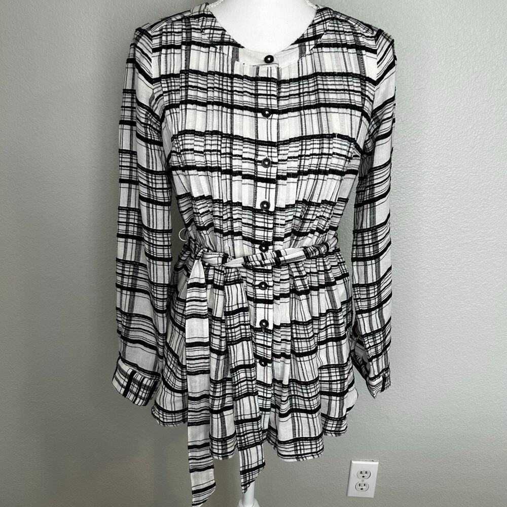 Anthropologie black and white plaid henley blouse with tie size 0